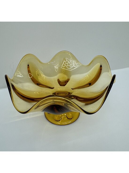 None Other - Amber Pedestal Glass Bowl Wavy Rim 11" Diameter Vintage Art Glass Centerpiece